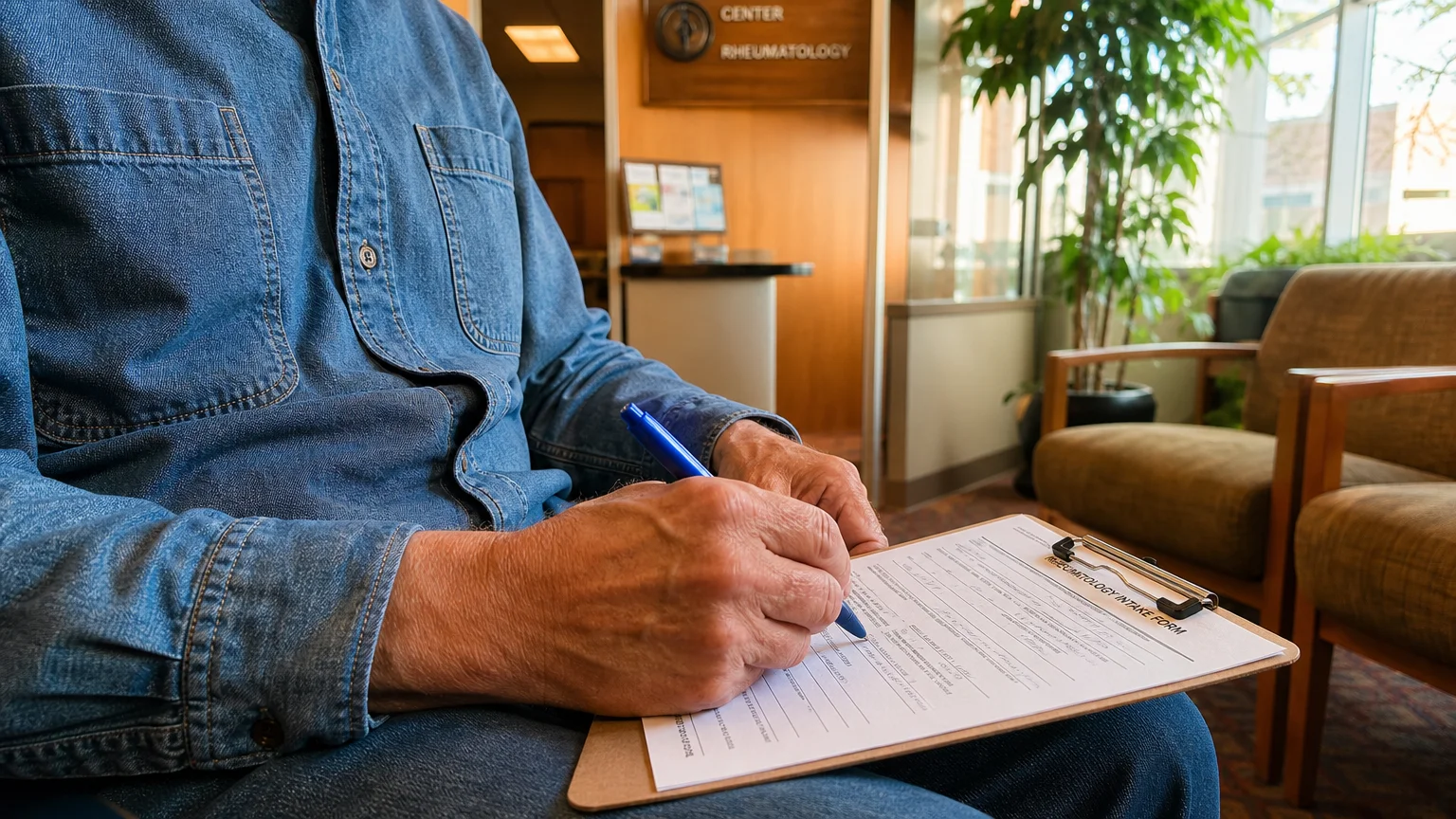 Close-up of an older man's hands holding a pen over a medical form in a warm clinic waiting room.