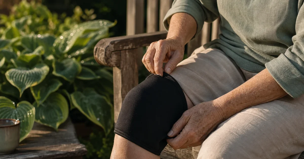 Close-up of an older woman’s hands as she places a supportive sleeve on her knee while sitting on a sunlit wooden porch.