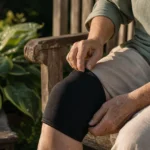 Close-up of an older woman’s hands as she places a supportive sleeve on her knee while sitting on a sunlit wooden porch.