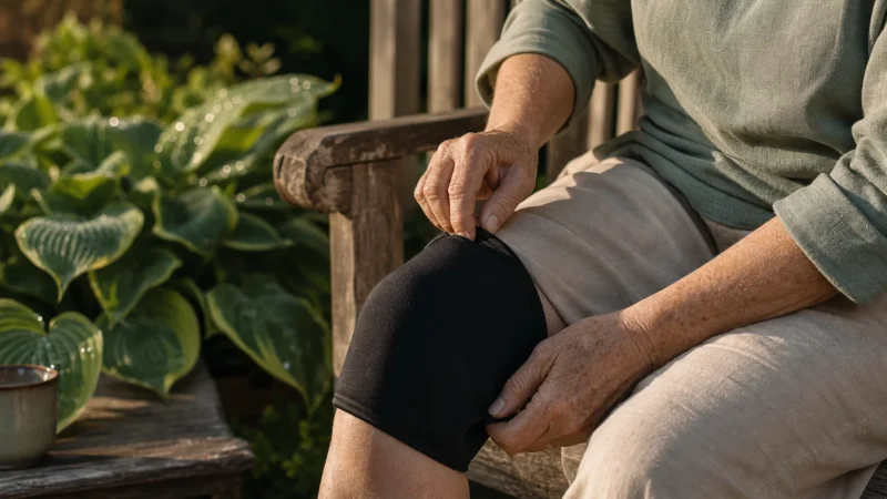Close-up of an older woman’s hands as she places a supportive sleeve on her knee while sitting on a sunlit wooden porch.