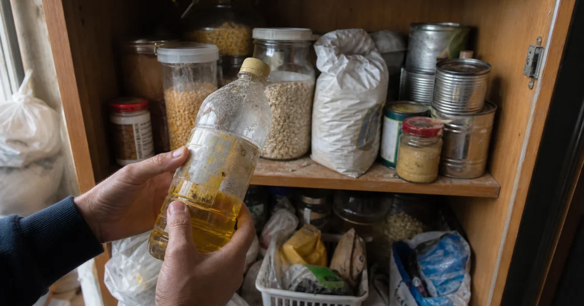 Close-up of hands inspecting a dusty bottle of cooking oil in a cluttered, realistic kitchen pantry with various jars and bags.