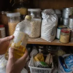Close-up of hands inspecting a dusty bottle of cooking oil in a cluttered, realistic kitchen pantry with various jars and bags.