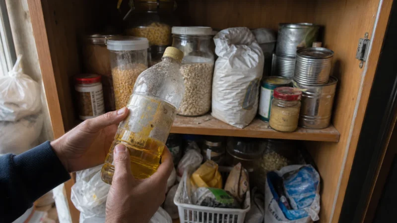 Close-up of hands inspecting a dusty bottle of cooking oil in a cluttered, realistic kitchen pantry with various jars and bags.