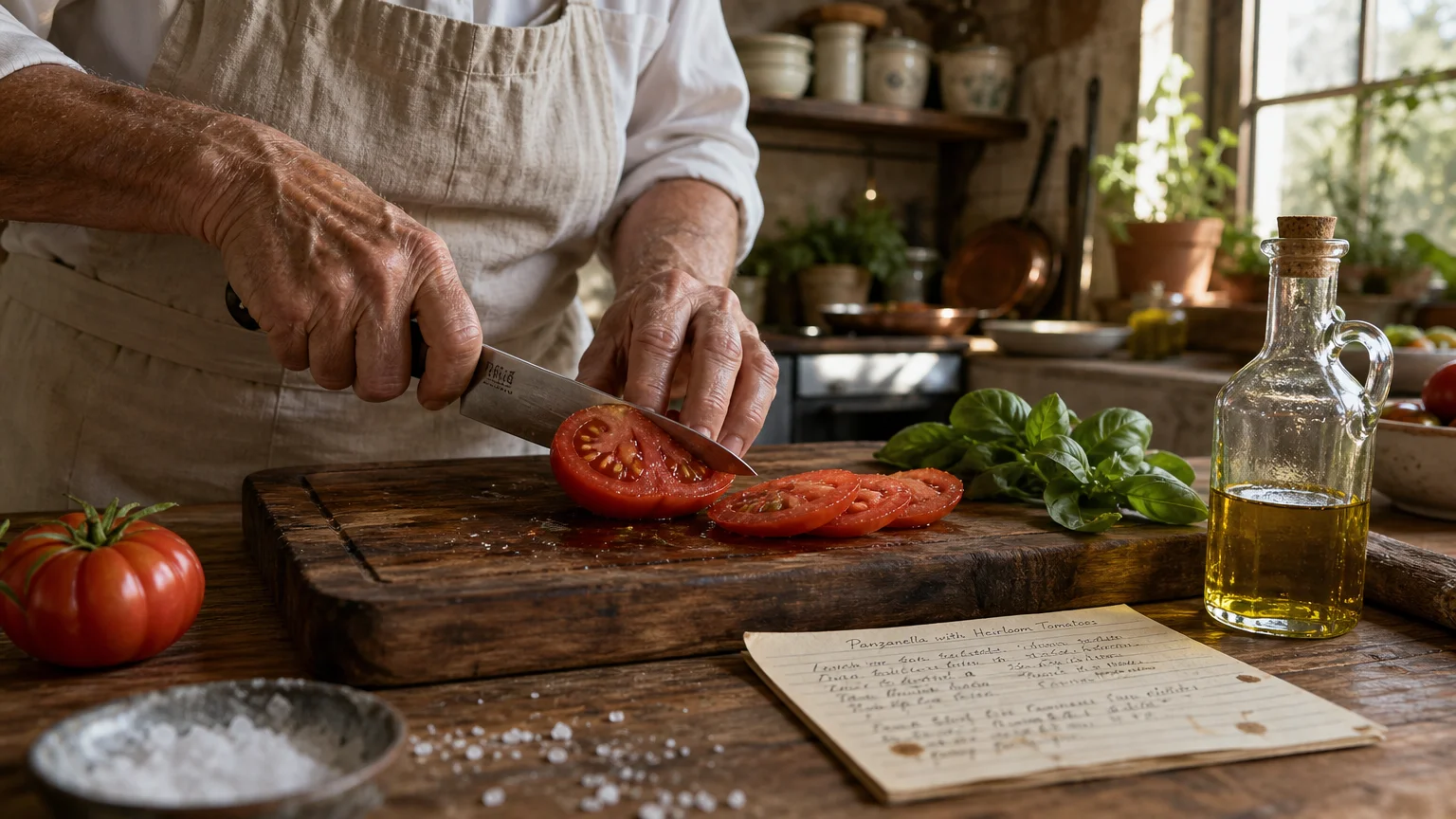 Close-up photo of weathered hands slicing fresh tomatoes and basil on a wooden cutting board.