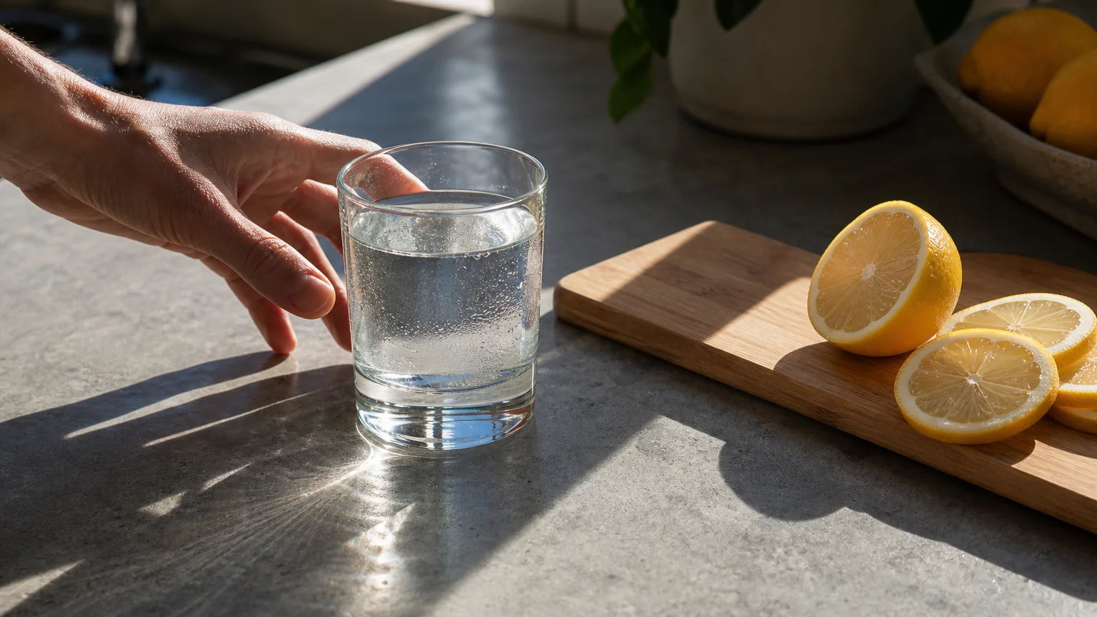 Close-up photograph of a glass of water on a kitchen counter with strong morning sunlight casting shadows next to a sliced lemon.
