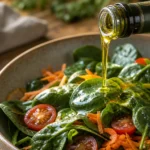 Close-up photograph of golden olive oil being drizzled over a fresh spinach and tomato salad, catching warm morning sunlight.