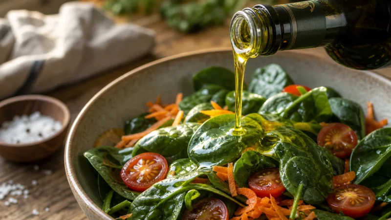 Close-up photograph of golden olive oil being drizzled over a fresh spinach and tomato salad, catching warm morning sunlight.