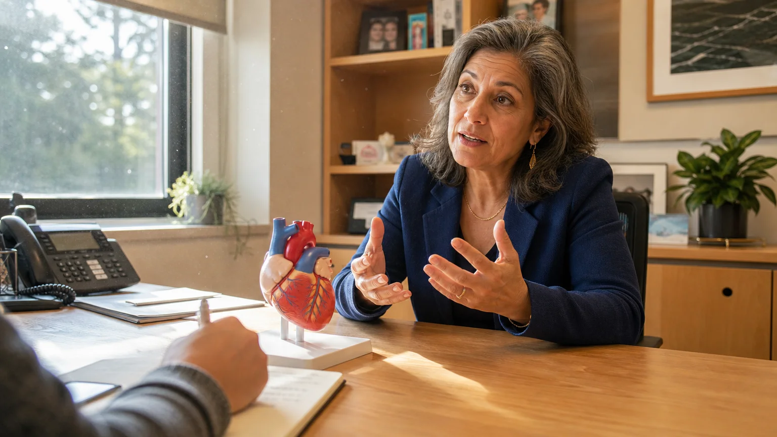 Documentary photograph of an empathetic cardiologist discussing heart health with a patient in a warm, sunlit office.