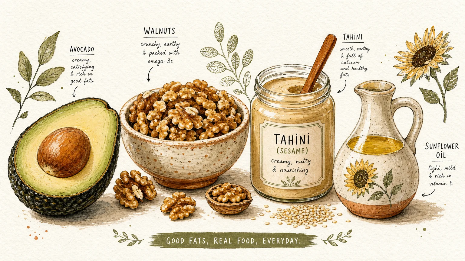 Gouache and ink illustration of healthy fats, including avocado, walnuts, tahini, and sunflower oil, arranged on a textured background.