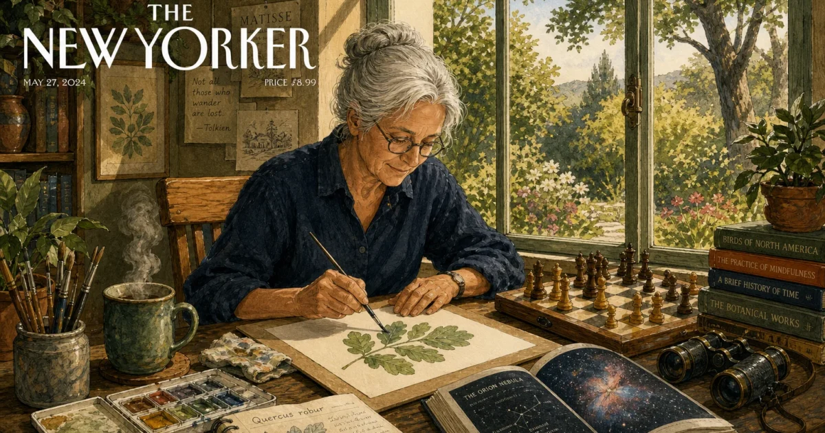 Gouache illustration of a retiree watercolor painting at a sunlit desk filled with chess, books, and binoculars.