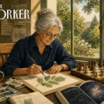 Gouache illustration of a retiree watercolor painting at a sunlit desk filled with chess, books, and binoculars.