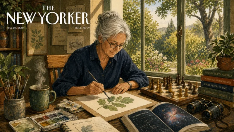 Gouache illustration of a retiree watercolor painting at a sunlit desk filled with chess, books, and binoculars.