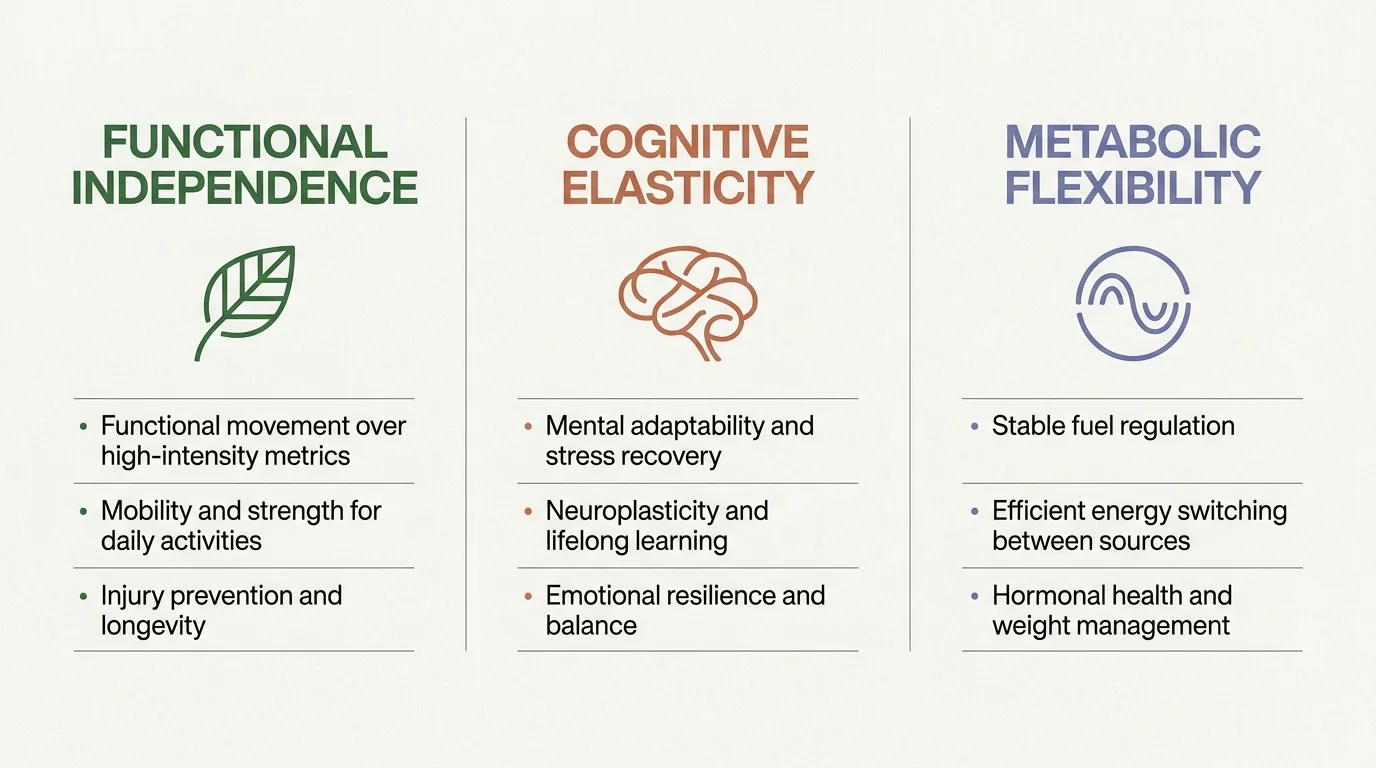 Horizontal infographic outlining three pillars of vitality: functional independence, cognitive elasticity, and metabolic flexibility.