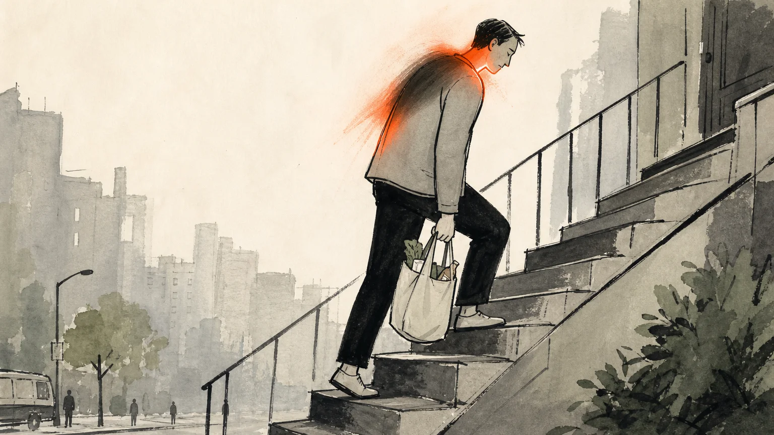 Ink and gouache illustration of a person climbing stairs with subtle glowing highlights on the neck and back, symbolizing early heart sympto