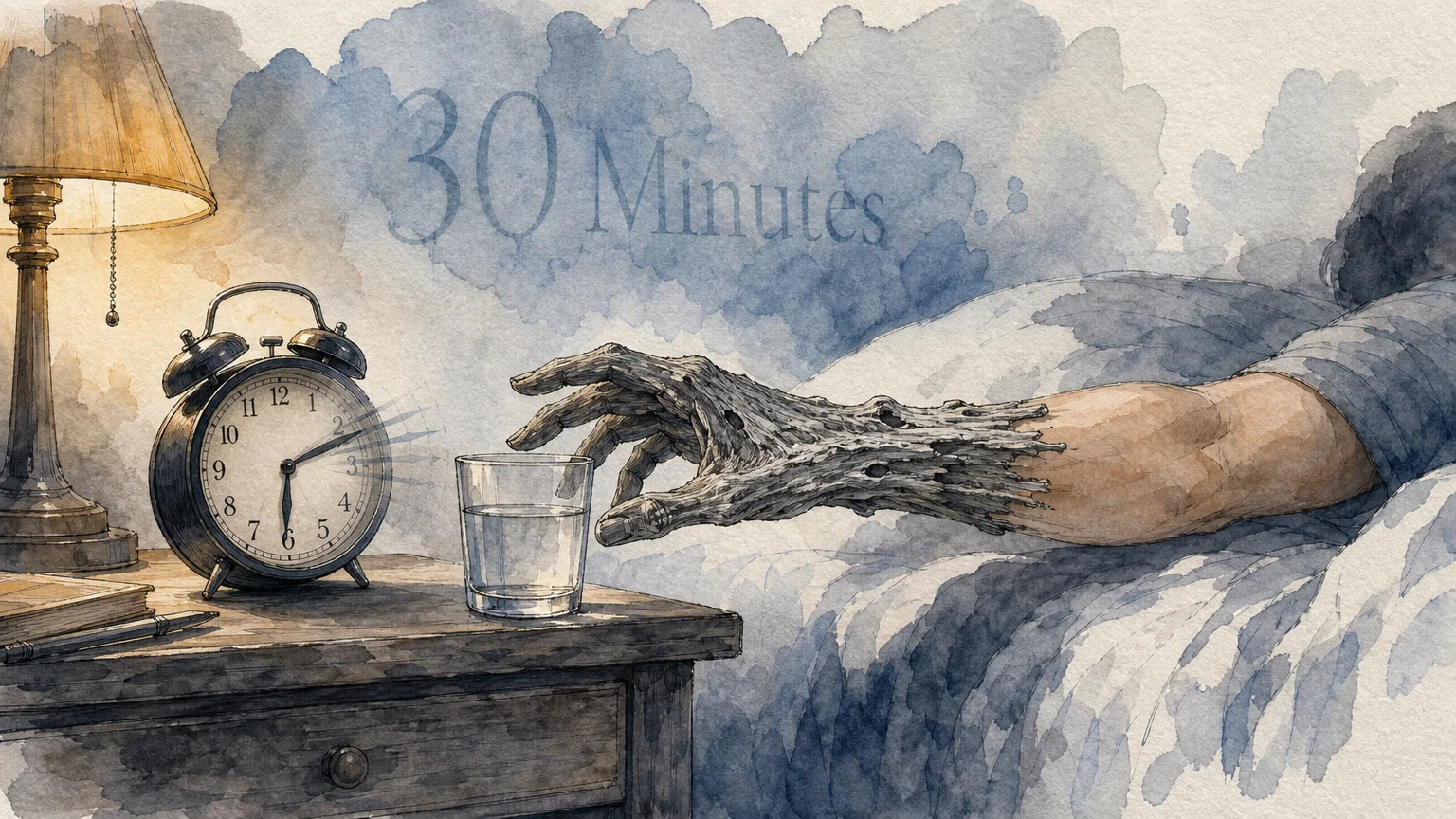 Ink and watercolor illustration of a hand made of rigid wood reaching for a glass, symbolizing morning joint stiffness.