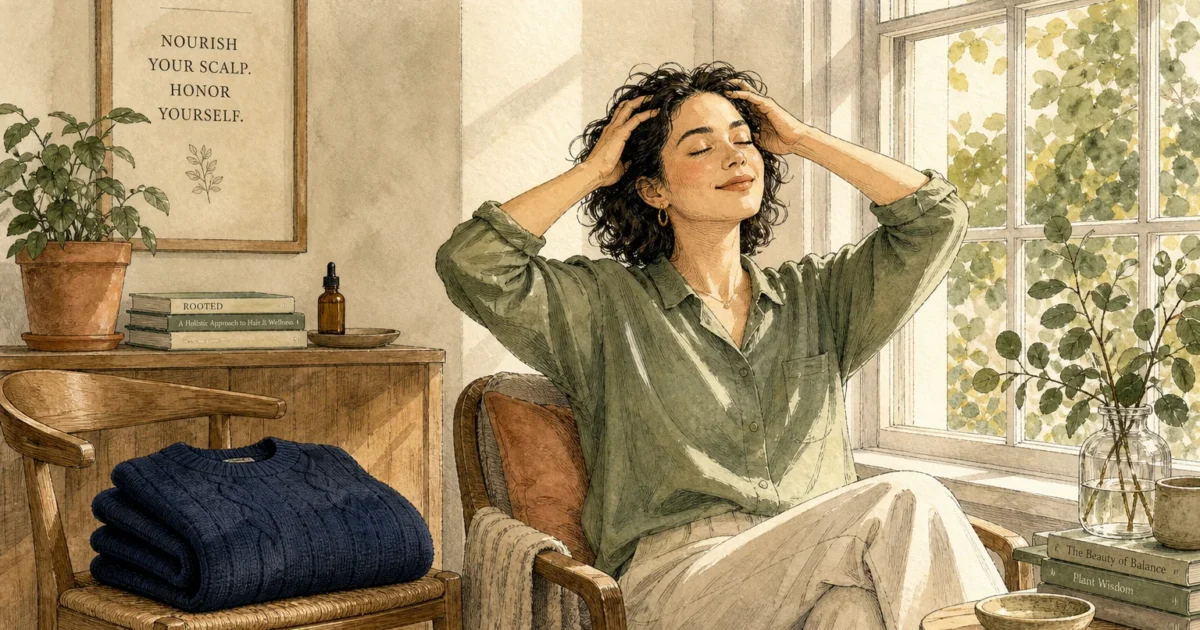 Ink and watercolor illustration of a person practicing self-care by a window with a clean dark sweater nearby, symbolizing scalp health.