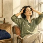 Ink and watercolor illustration of a person practicing self-care by a window with a clean dark sweater nearby, symbolizing scalp health.
