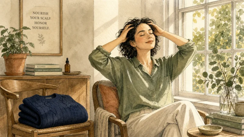 Ink and watercolor illustration of a person practicing self-care by a window with a clean dark sweater nearby, symbolizing scalp health.