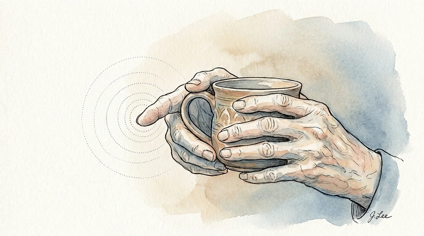 Ink and watercolor illustration of hands holding a warm cup, with subtle blue rings symbolizing a gentle tingling sensation.