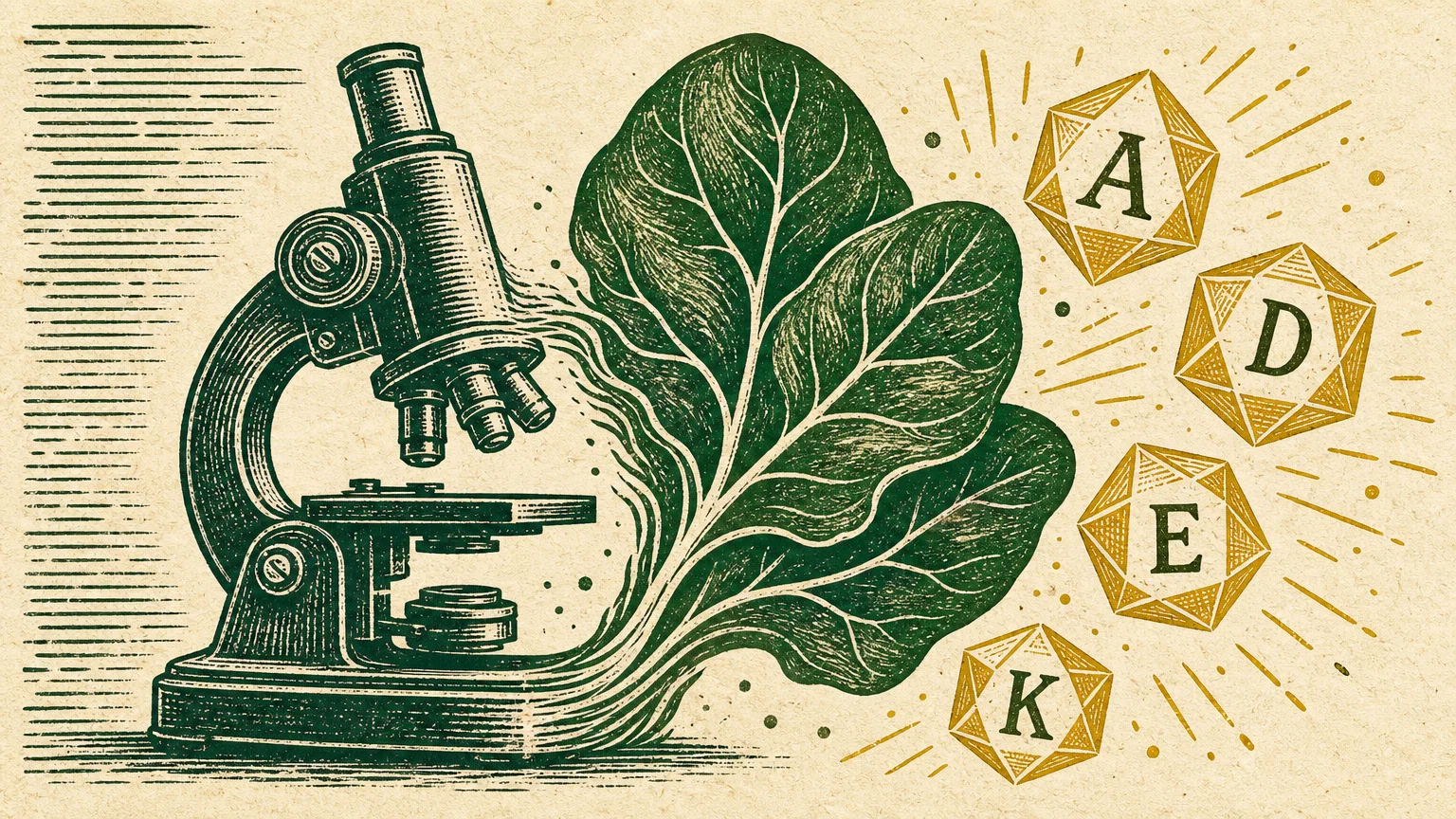 Linocut illustration of a microscope morphing into a green spinach leaf, with vitamins labeled A, D, E, and K floating out.