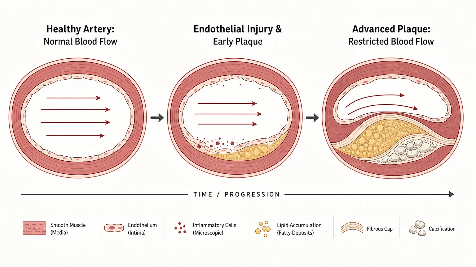 Minimalist anatomical diagram showing three stages of plaque buildup in a blood vessel, from healthy artery to restricted blood flow.