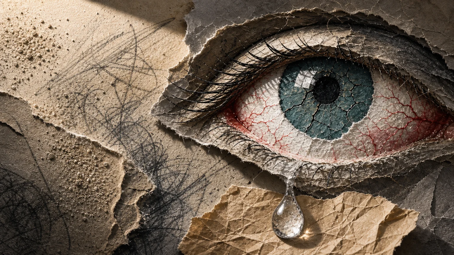 Mixed-media collage of an eye made of torn paper, with a cracked teal iris and red ink capillaries, depicting dryness and inflammation.