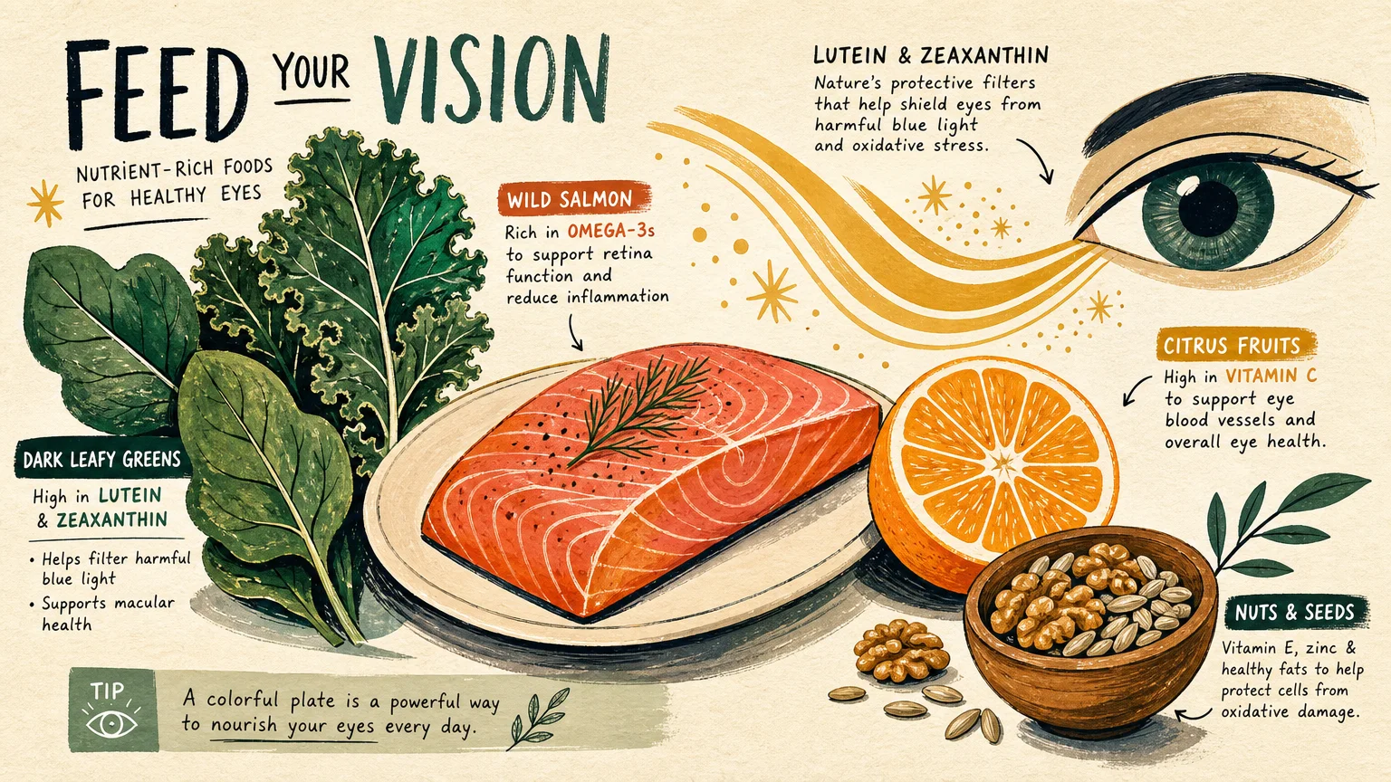 Stylized gouache illustration of eye-healthy foods including dark leafy greens, salmon, oranges, and walnuts.