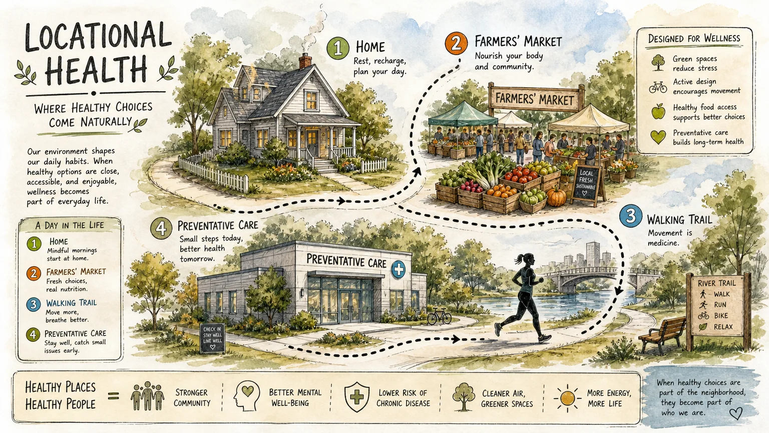 Watercolor and ink illustration of a neighborhood layout showing close connections between homes, fresh markets, and preventative care clini