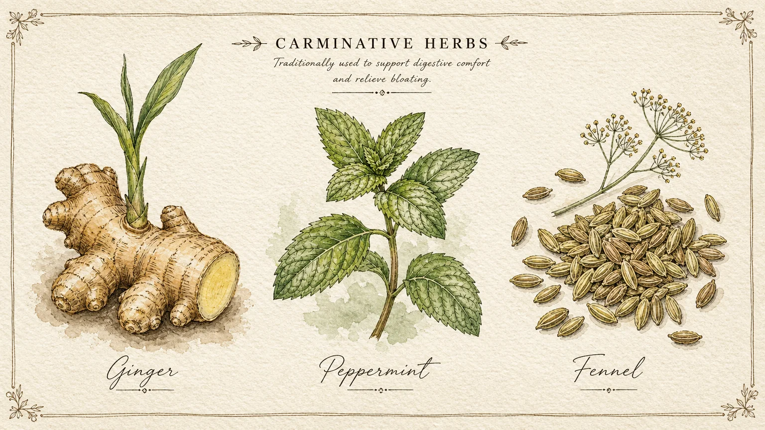 Watercolor botanical studies of ginger, peppermint, and fennel on textured paper with neat handwritten labels.