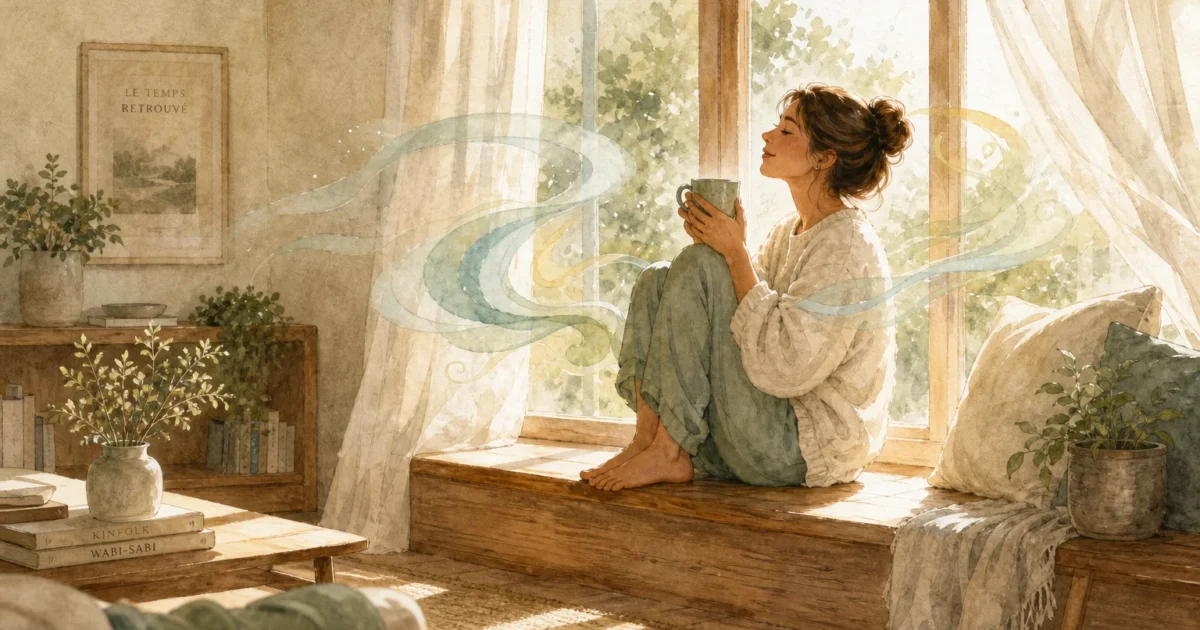 Watercolor illustration of a relaxed woman sitting on a window bench with swirling green and yellow lines depicting digestive comfort.