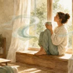 Watercolor illustration of a relaxed woman sitting on a window bench with swirling green and yellow lines depicting digestive comfort.