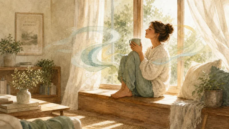 Watercolor illustration of a relaxed woman sitting on a window bench with swirling green and yellow lines depicting digestive comfort.