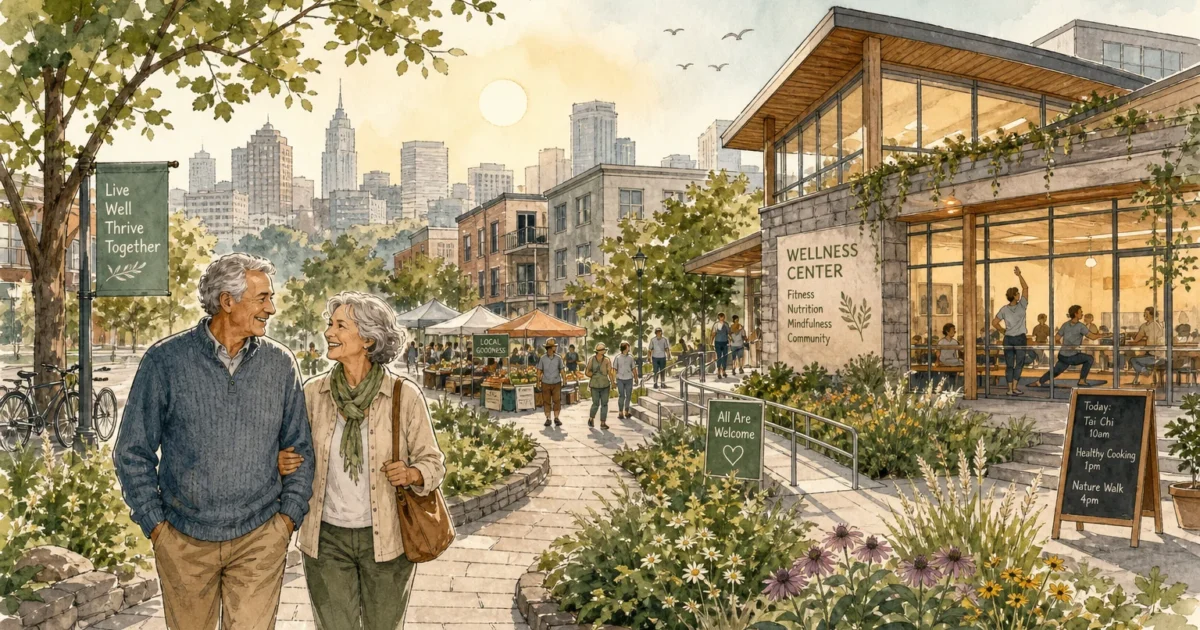 Watercolor illustration of an older couple walking on a path toward a modern wellness center in a walkable, green city environment.
