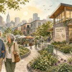 Watercolor illustration of an older couple walking on a path toward a modern wellness center in a walkable, green city environment.