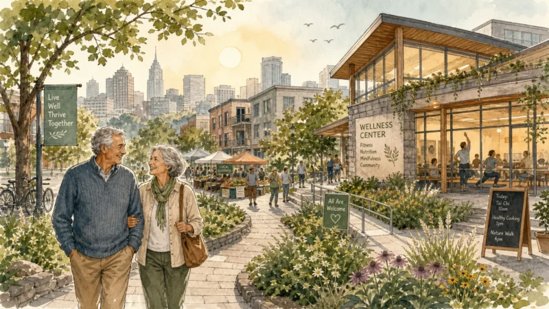 Watercolor illustration of an older couple walking on a path toward a modern wellness center in a walkable, green city environment.