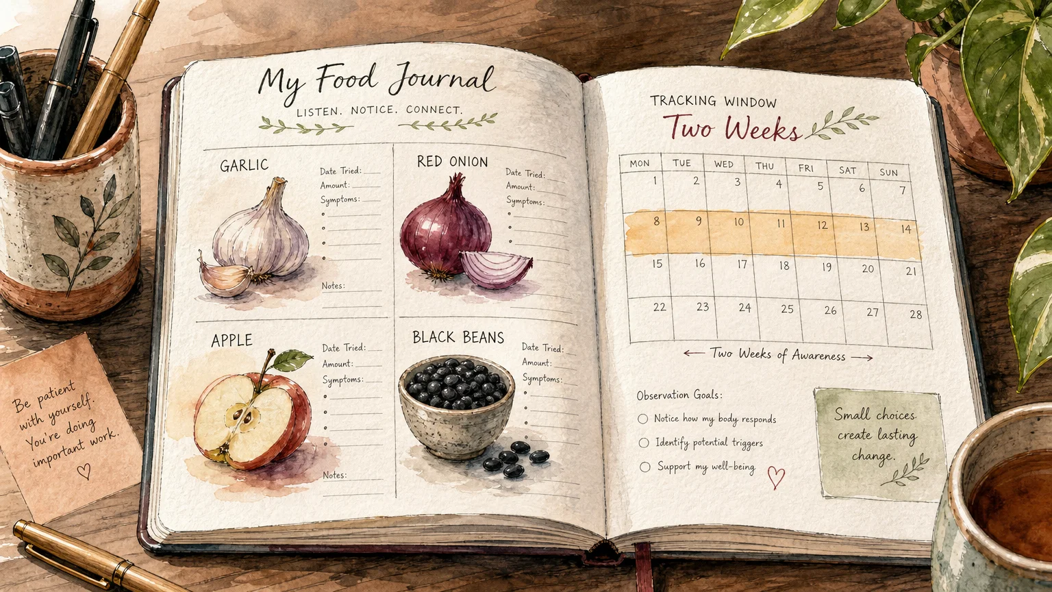 Watercolor illustration of an open food journal on a desk, showing sketches of garlic, onion, apple, and black beans.