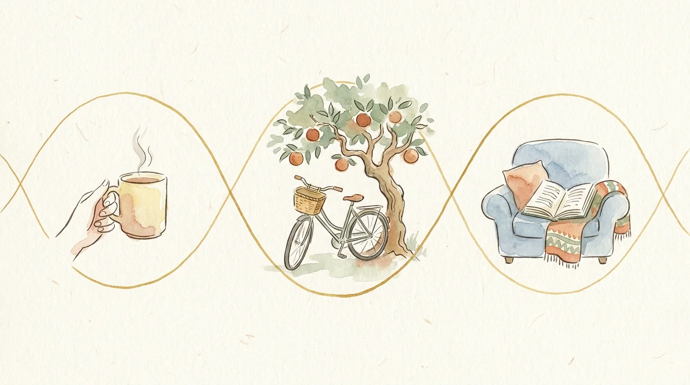 Watercolor illustration tracing a steady golden wave of energy throughout the day, from morning coffee to evening reading.