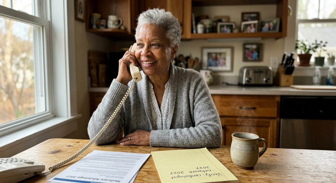 A candid photograph of a senior woman on the phone checking her doctor's network status with her 2027 Medicare document on the table.