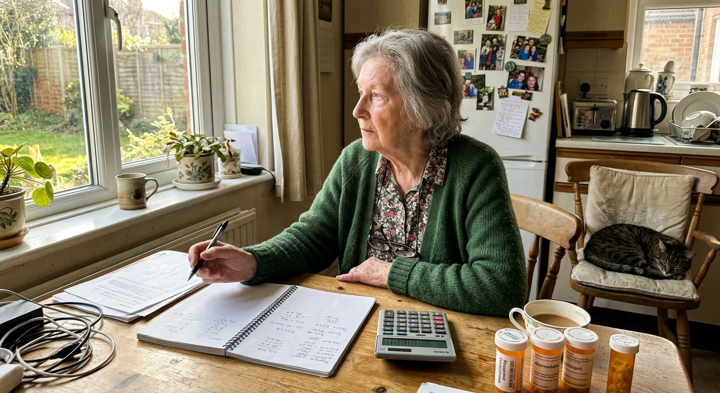 A candid photograph of an older woman looking out her kitchen window while sitting with a calculator and medical bills.