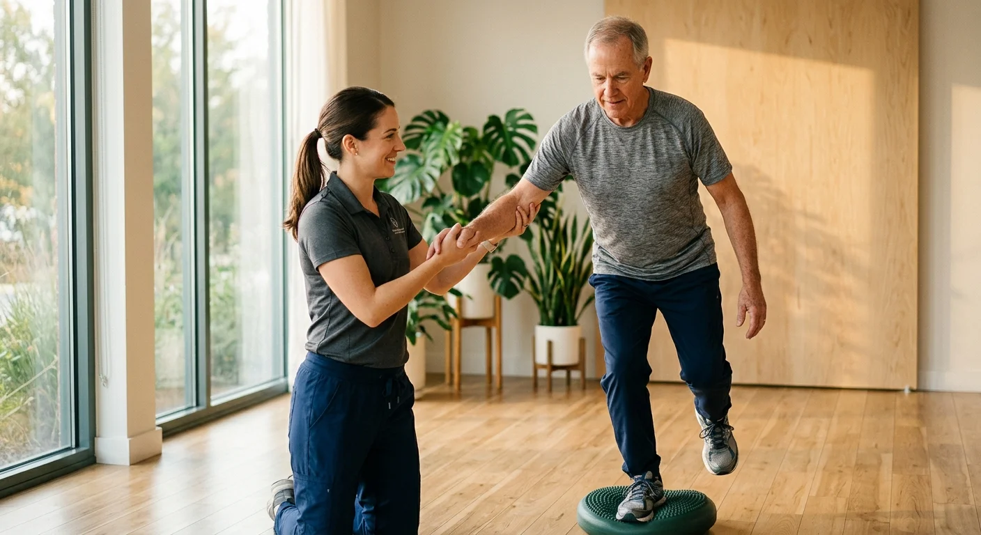 A cinematic photograph of an older man practicing balance exercises with a physical therapist in a sunlit wellness studio.