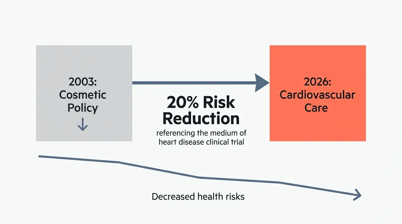 A clean editorial diagram charting Medicare's shift from cosmetic classification in 2003 to cardiovascular care in 2026, highlighting a 20%