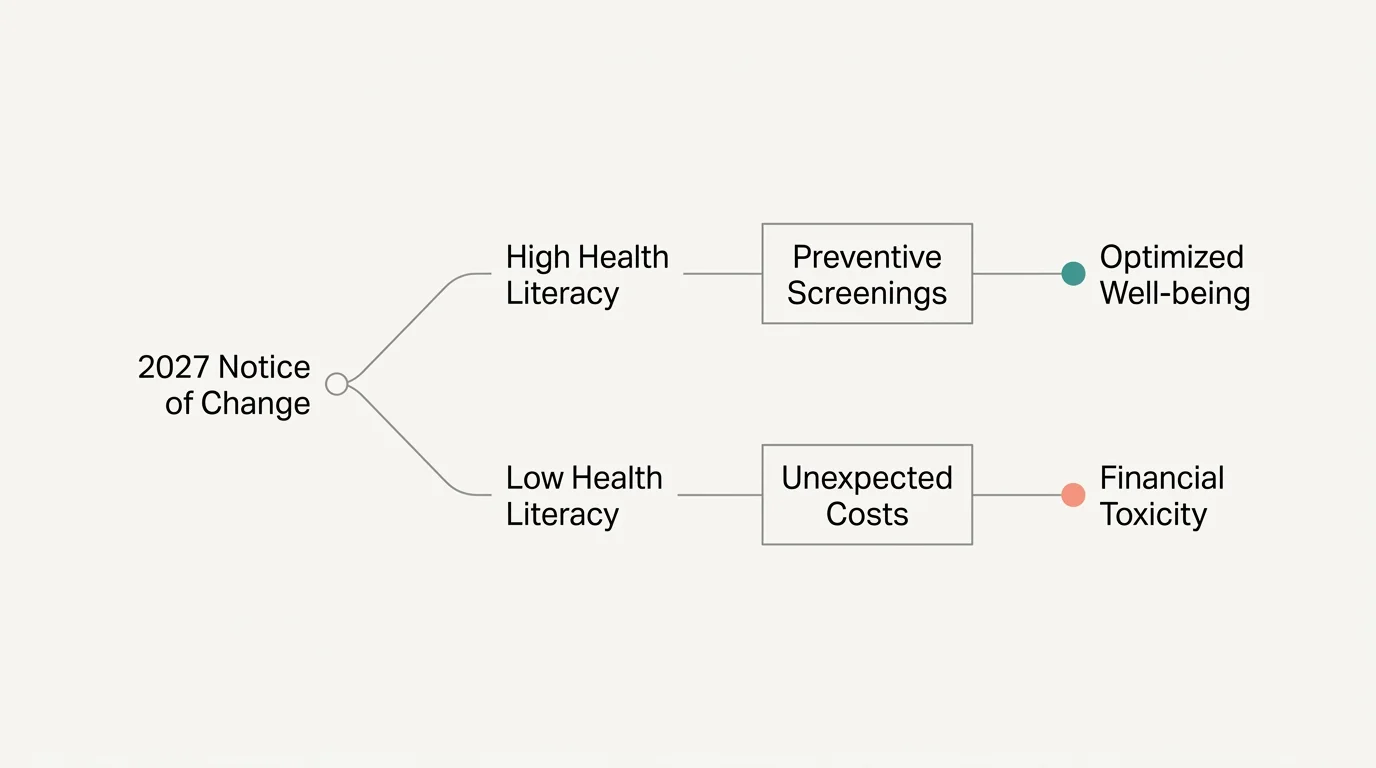 A clean horizontal diagram showing how high health literacy leads to optimized well-being, while low literacy leads to financial toxicity.