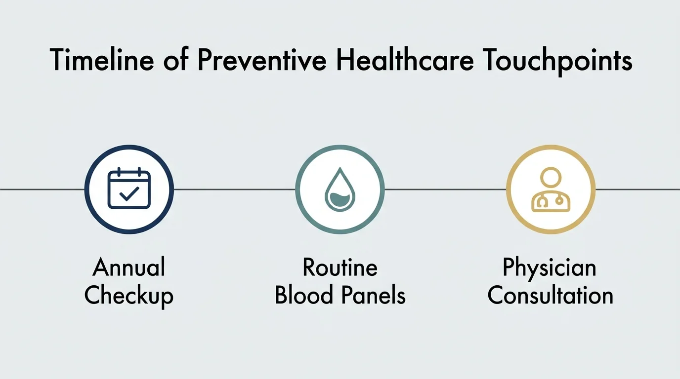 A clean, horizontal diagram showing routine healthcare touchpoints like annual checkups and blood panels.