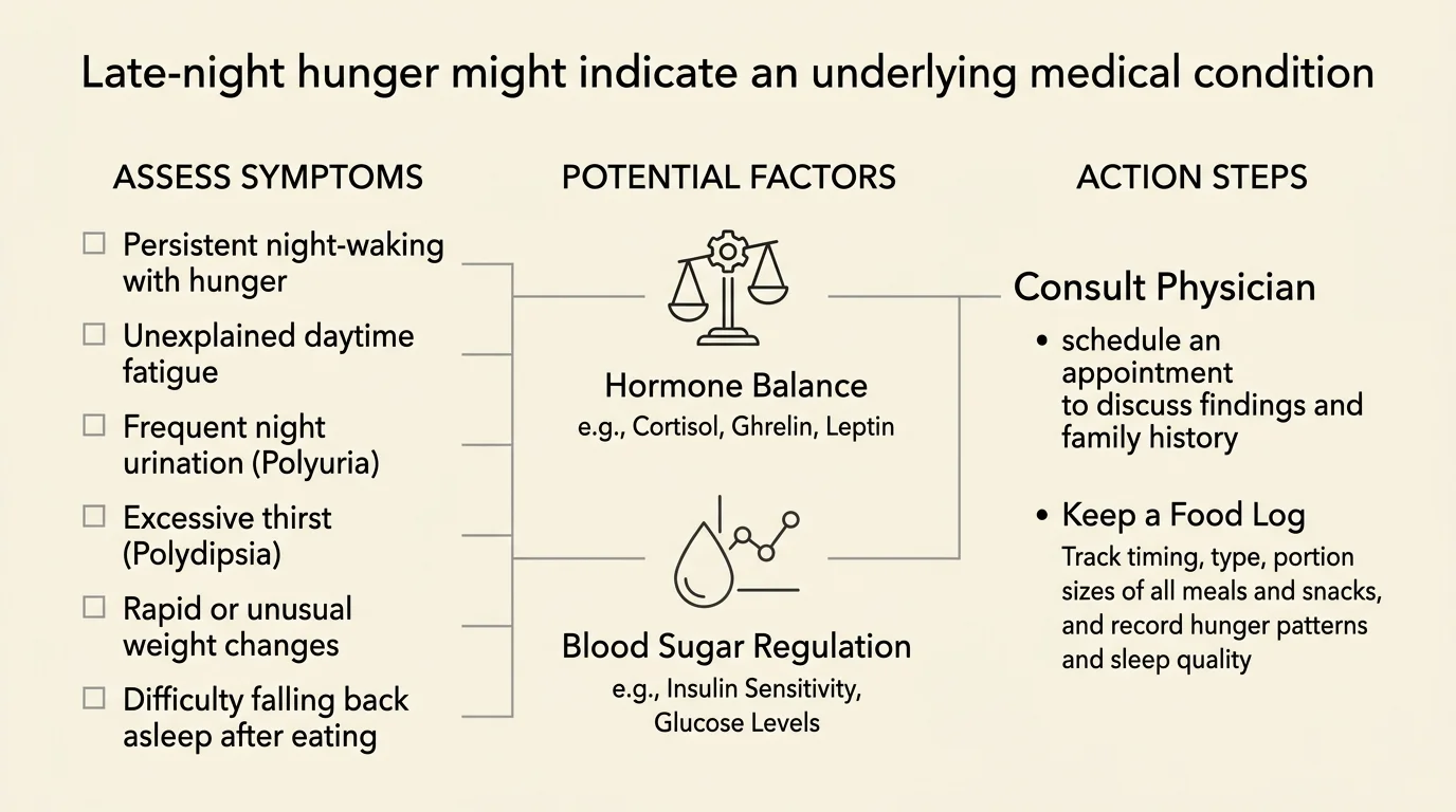 A clean horizontal flowchart helping readers determine when persistent night hunger warrants a medical consultation.