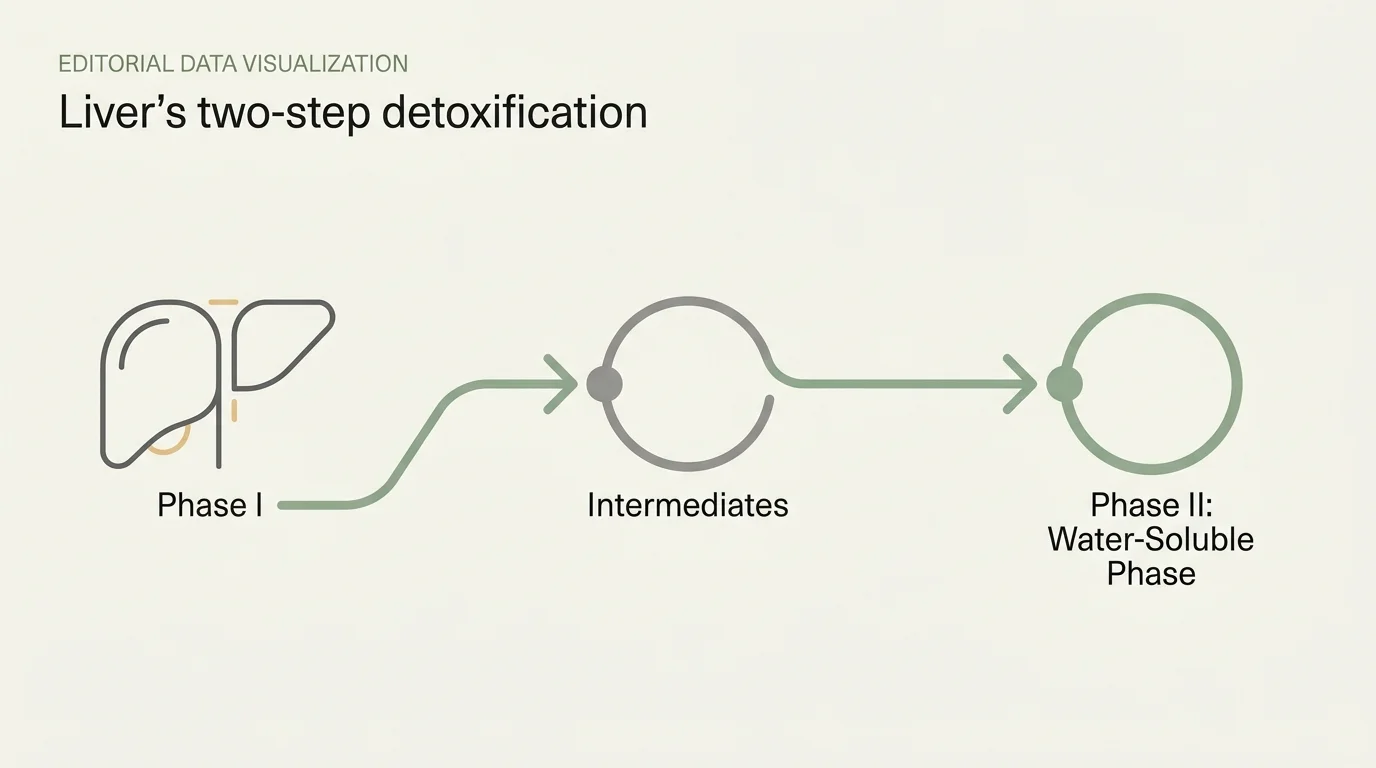 A clean, minimalist 16:9 diagram showing the transition from Phase I to Phase II detoxification pathways with simple, elegant labels.