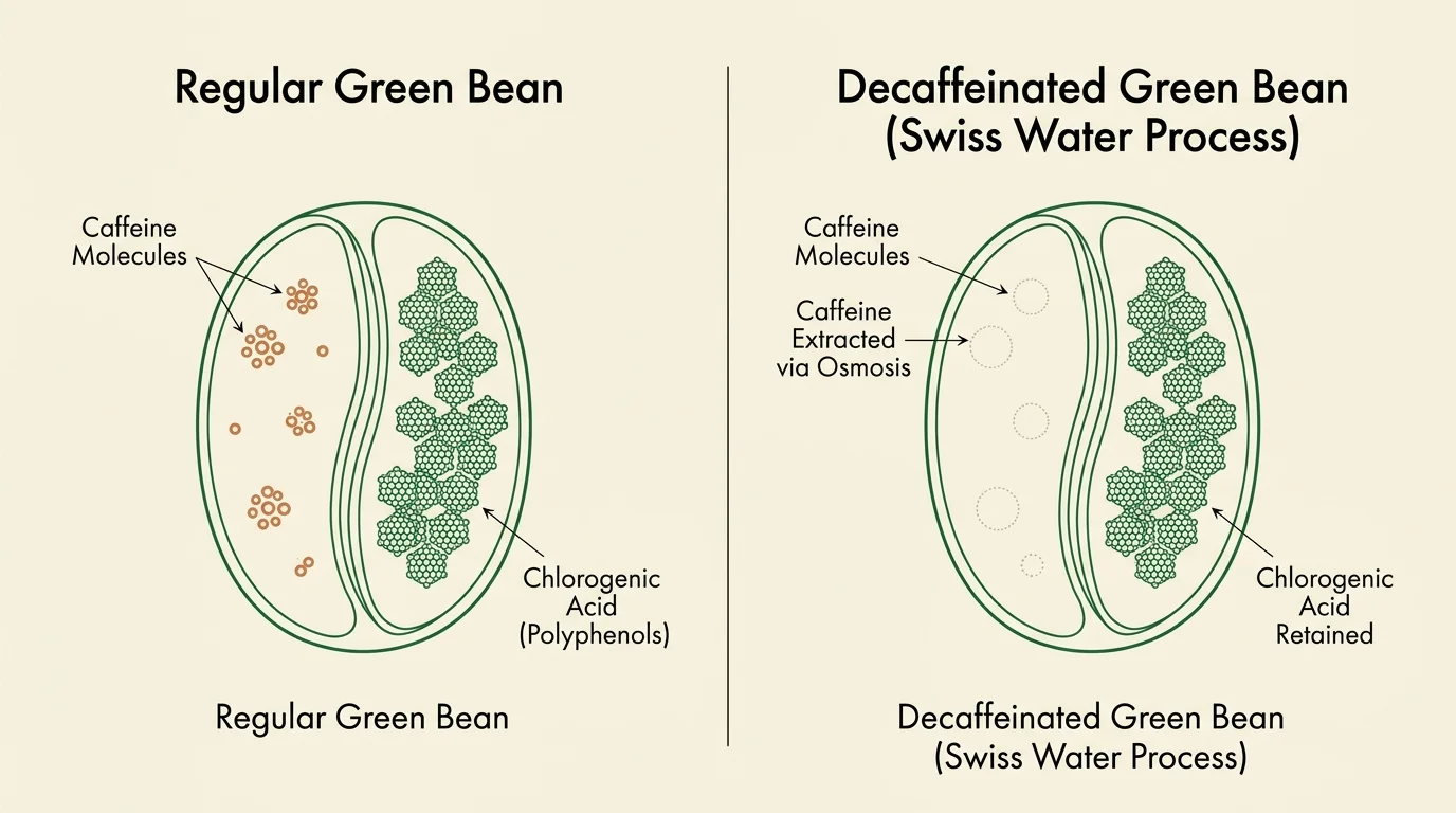 A clean minimalist anatomical diagram comparing a regular green coffee bean to a decaffeinated bean, showing the chemical preservation.