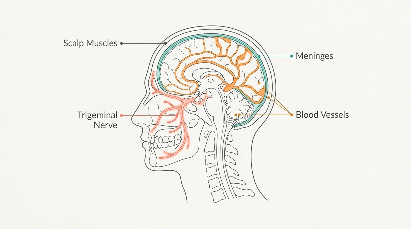 A clean, minimalist anatomical diagram labeling the Trigeminal Nerve, Meninges, Blood Vessels, and Scalp Muscles on a profile view.