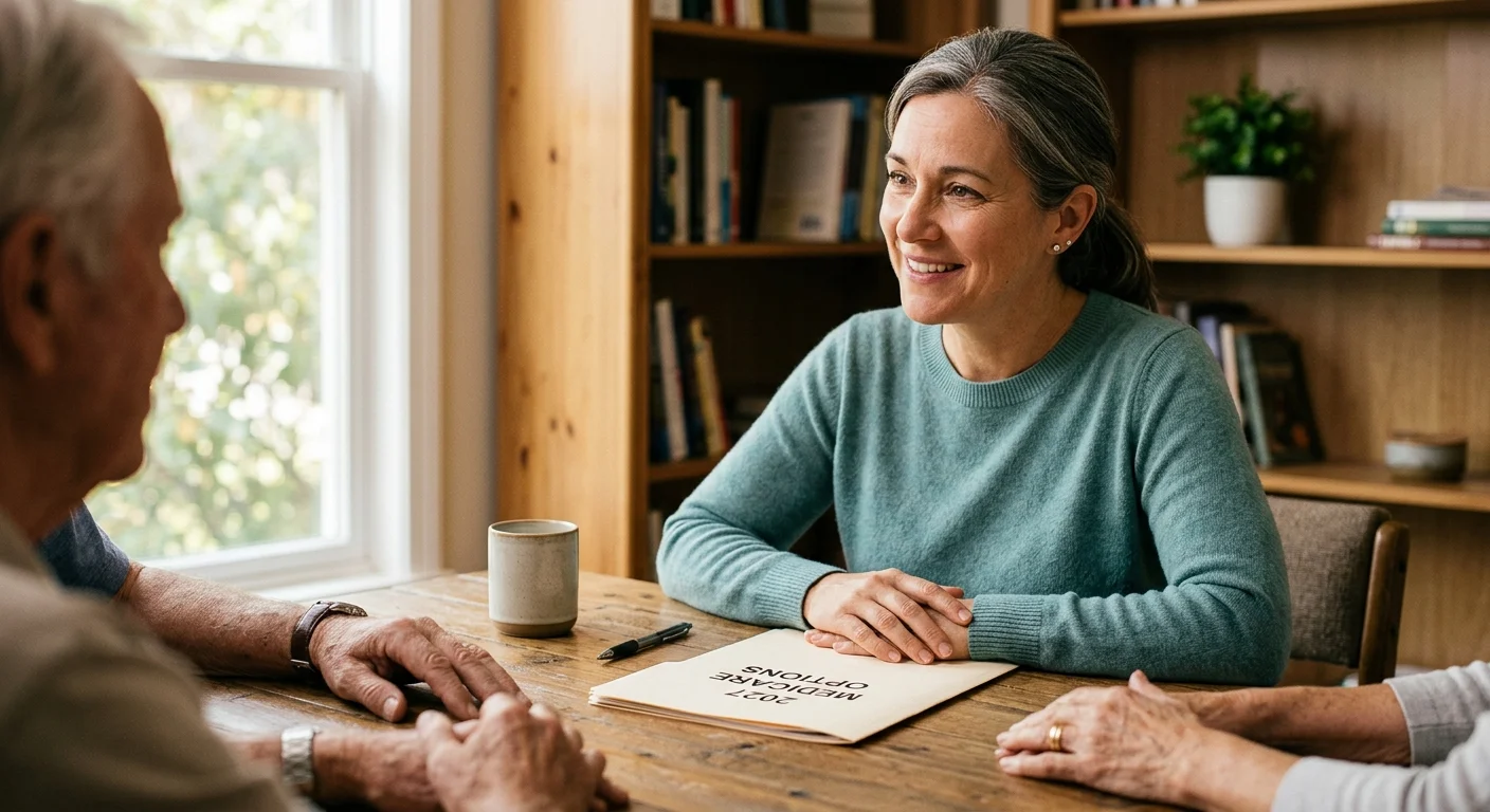 A close-up photograph of a compassionate healthcare navigator consulting with a client, focusing on trust and understanding.