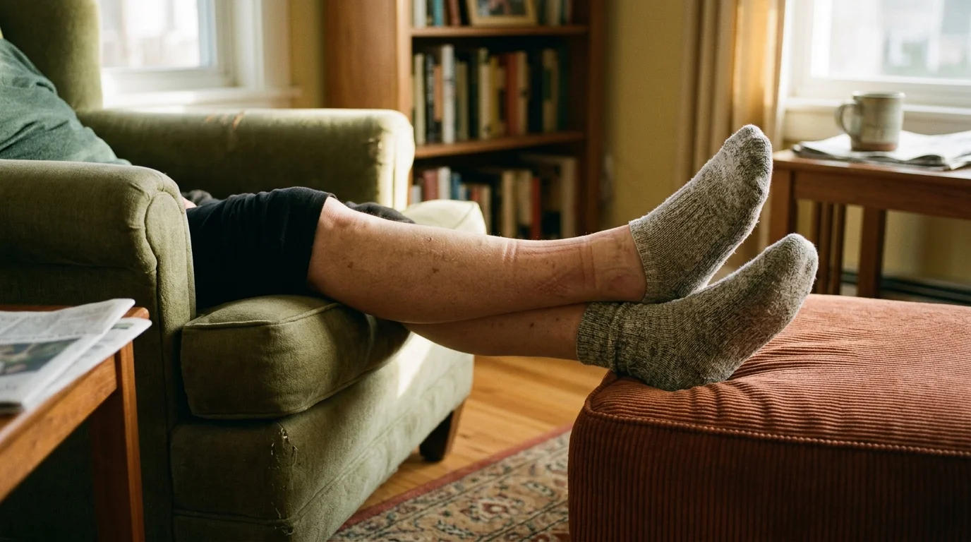 A close-up photograph of a person's legs resting on an ottoman, showing the subtle indentation mark left by a sock on a swollen ankle.