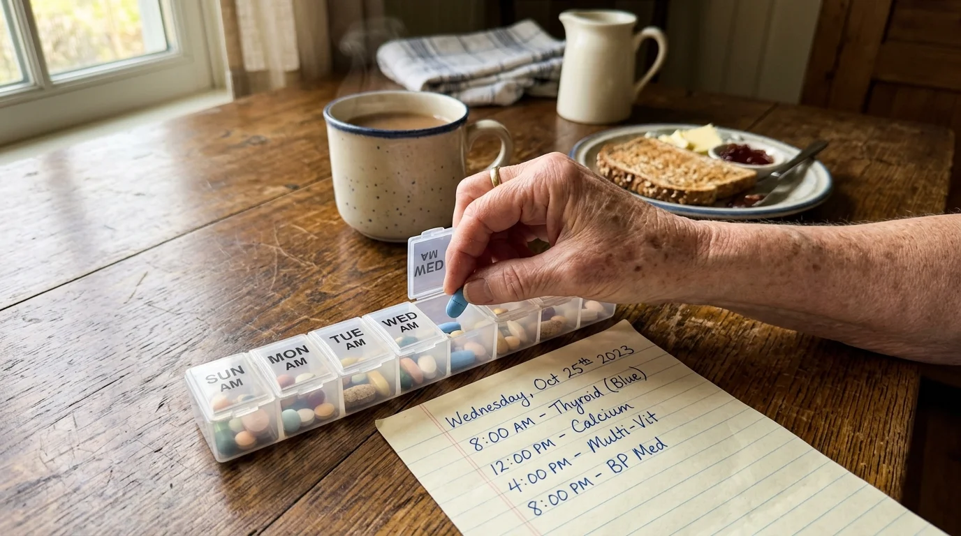 A close-up photograph of an older adult’s hand organizing pills into a plastic planner next to a handwritten daily medicine schedule.